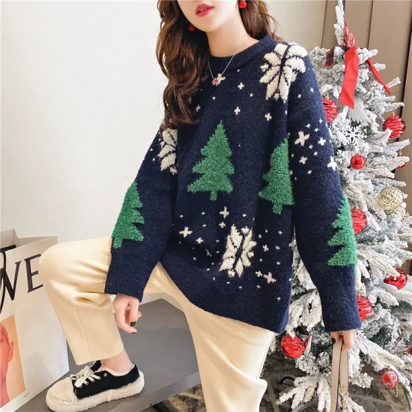 2024 Autunno/Inverno Nuovo Coreano Addensato Color block Maglione Di Natale Delle Donne Con Cappuccio Fiocco di Neve Allentato Girocollo Stile Pigro Magliette E Camicette 3