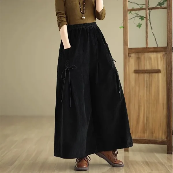 Pantaloni a gamba larga in velluto a coste Primavera Autunno da donna Pantaloni larghi taglie forti Culottes Tasca alla moda Gonna pantalone in vita elastica Donna 4