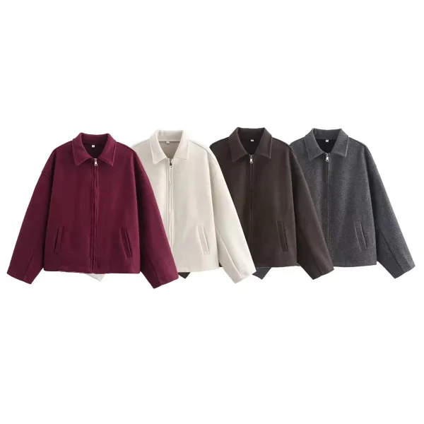 HH Giacca di lana con cerniera marrone moda per donna Cappotti corti a maniche lunghe con risvolto elegante Capispalla vintage da donna autunnale 2