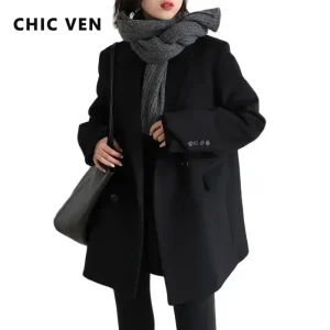 CHIC VEN Cappotto da donna in misto lana Solido Blazer di lana medio lungo Camicetta calda e spessa Cappotto da donna Office Lady Top Autunno Inverno 1