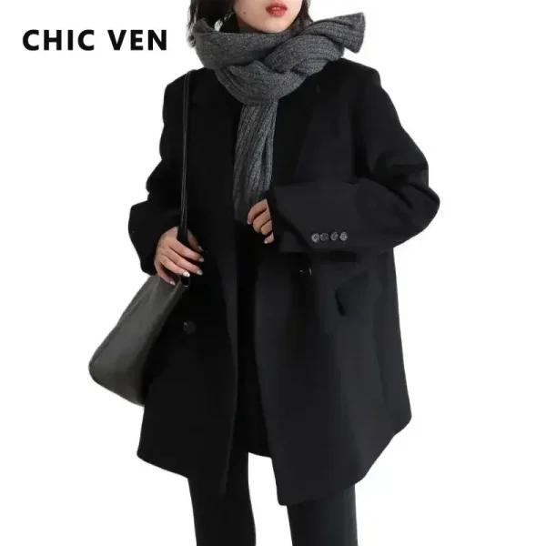 CHIC VEN Cappotto da donna in misto lana Solido Blazer di lana medio lungo Camicetta calda e spessa Cappotto da donna Office Lady Top Autunno Inverno 1