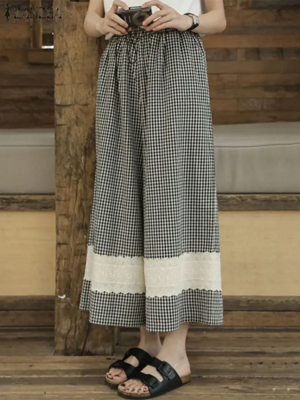 ZANZEA pantaloni a gamba larga da donna pantaloni lunghi con cuciture in pizzo Casual 2024 Pantalon elastico in vita autunnale pantalone corto scozzese Vintage 1