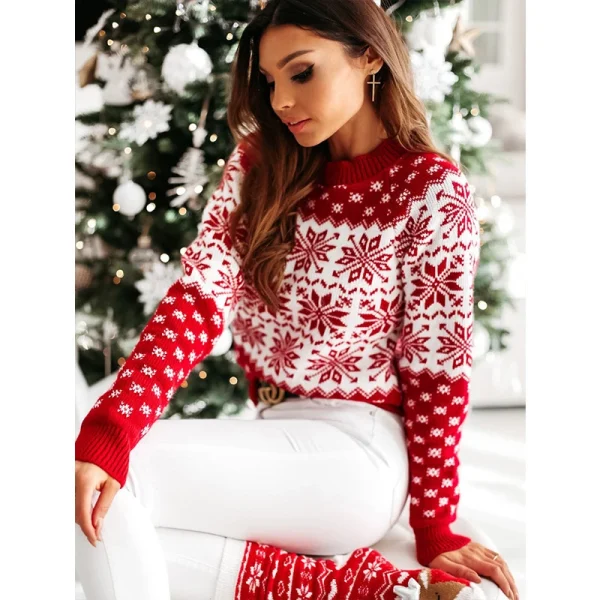 Maglione da donna Natale Fiocco di neve lavorato a maglia Manica lunga O Collo Maglione da donna Moda Casual Inverno Autunno Pullover stampato 2