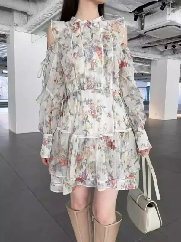 Abito da donna a maniche lunghe con spalle scoperte Abiti con volant Primavera Tunica con lacci Abiti Stile giapponese Vestido 2025 Nuovo Ropa Mujer 2