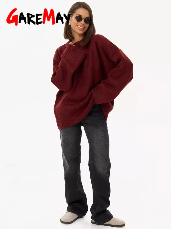 Maglione oversize da donna invernale Borgogna O-Collo Pullover vintage da donna Maglione basic grigio femminile caldo maglioni lavorati a maglia per le donne 4