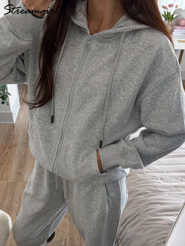 Set di pantaloni sportivi autunnali Felpa oversize bianca da donna con cerniera e tute con cappuccio Set da donna Pantaloni sportivi grigi in due pezzi 3