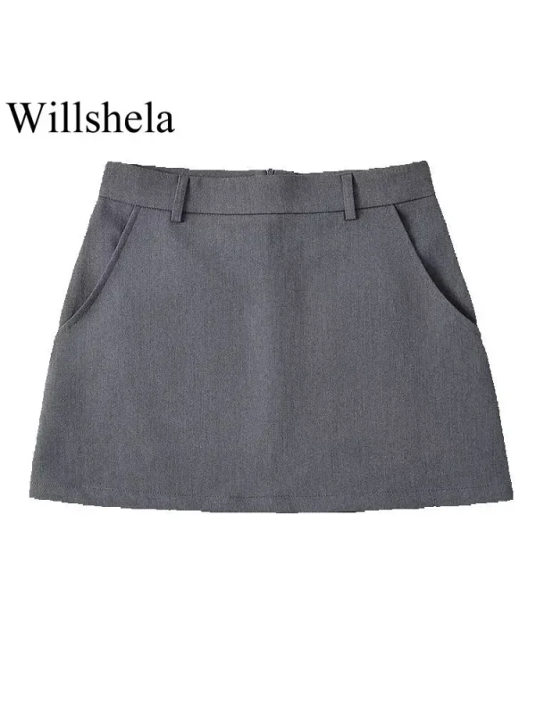 Willshela Minigonna a trapezio con cerniera posteriore solida moda donna Gonne da donna chic femminili a vita alta vintage 3