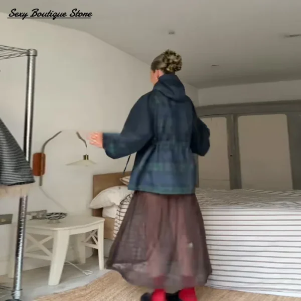 Giacca da donna allentata con griglia vintage Cappotto con colletto allentato oversize con cappuccio a maniche lunghe Capispalla con lacci 2025 New Lady Streetwears 3