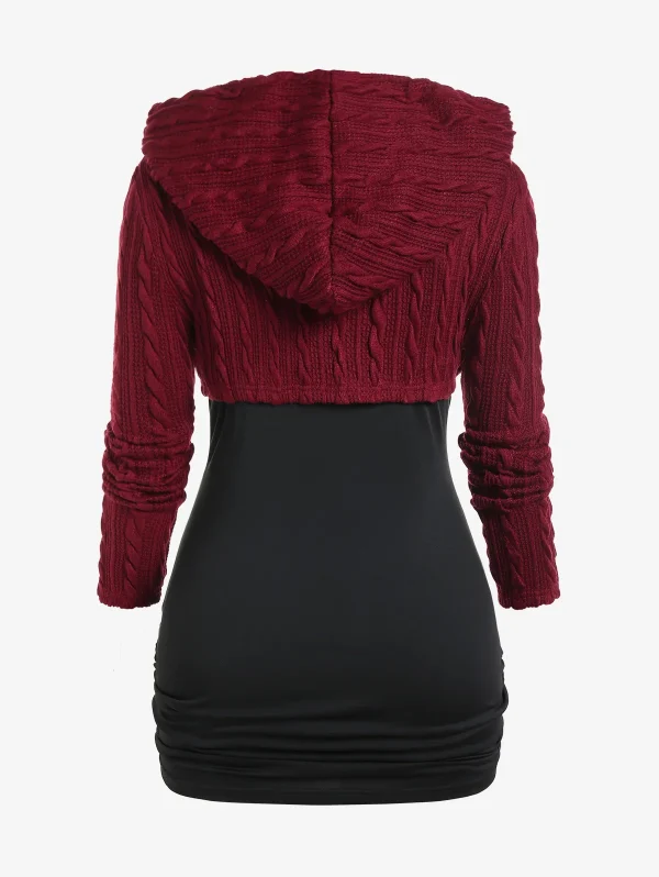 Canotta arricciata con rifiniture in pizzo da donna ROSEGAL e Top in maglia con cappuccio, taglie forti autunno, inverno Streetwear 2 pezzi camicette 2