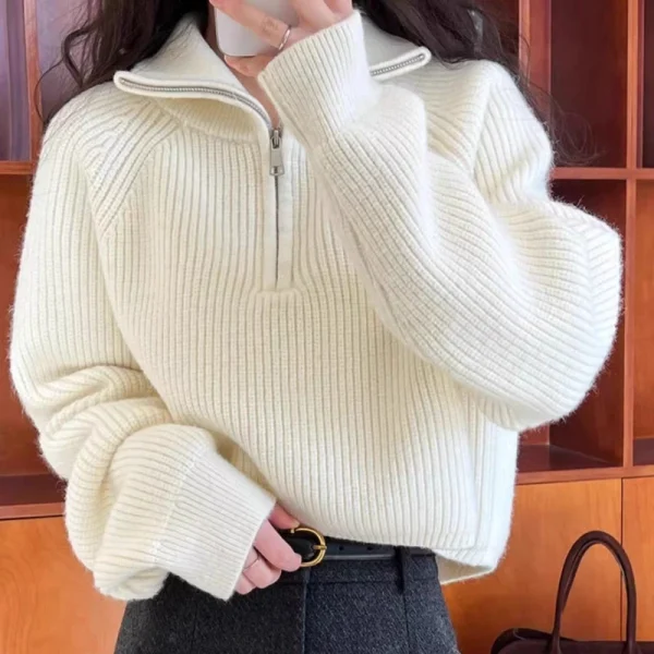 2025 New Fashion Mezza Collo Alto Cerniera Maglione Lavorato a Maglia Maglione di Colore Solido delle Donne Casual Allentato Crop Top in Maglia Elegante Pullover 3