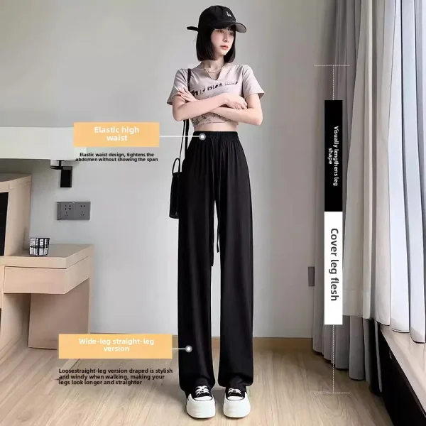 Pantaloni a gamba larga in seta grigia ghiaccio da donna estivi sottili e freschi a vita alta drappeggiati pantaloni larghi dritti casual a prova di zanzara con protezione solare 4