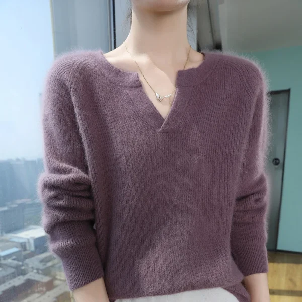 100% puro visone maglione di cachemire delle signore con scollo a V pullover di maglia spessa casual allentato camicetta a maniche lunghe autunno nuova camicia di grandi dimensioni 2