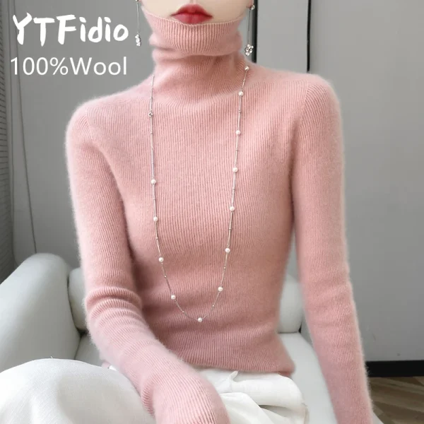 YTFidio 100% lana donna collo a pelo a righe colletto a pelo maglioni a maniche lunghe Pullover solido maglieria Basic 99 5