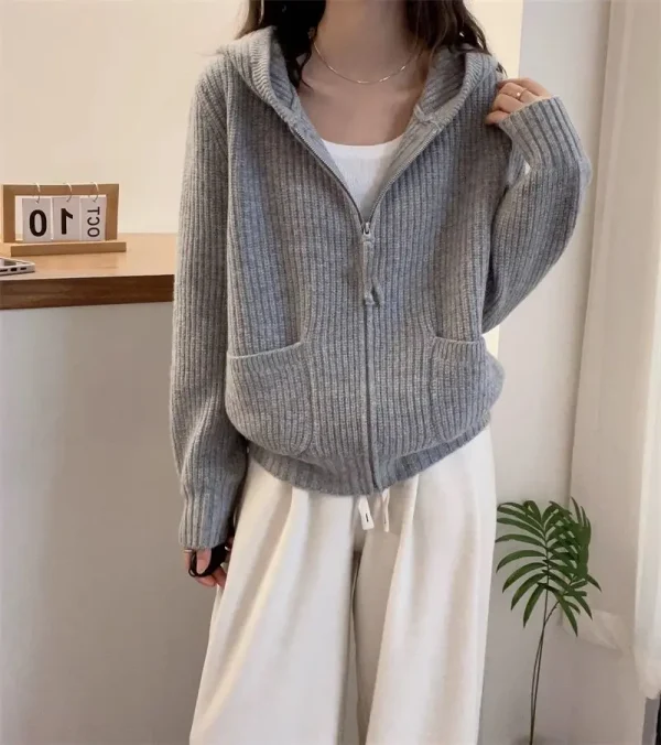 FRSEUCAG allentato casual 100% lana cardigan lavorato a maglia maglione con cappuccio da donna maglione di lana da donna a maniche lunghe corto vendita calda 1