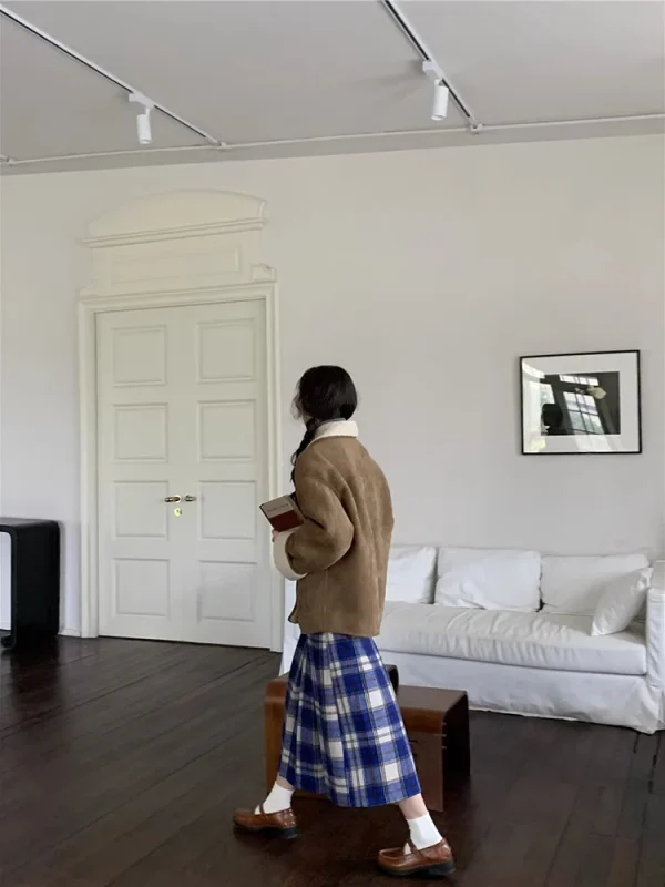 Korobov giappone Preppy Plaid gonne per donna autunno inverno Vintage lana Plaid gonna lunga a pieghe gonna ombrello di lana a-line 4