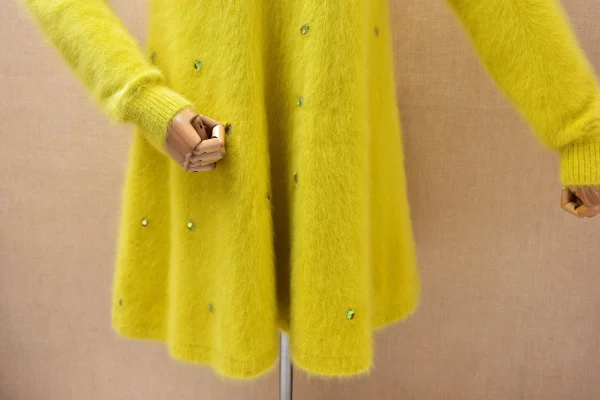 Donna Mujer Autunno Inverno Vestiti Moda Perline Visone peloso Cashmere Lavorato a maglia O-Collo Maniche lunghe Abito maglione maglione medio lungo 5