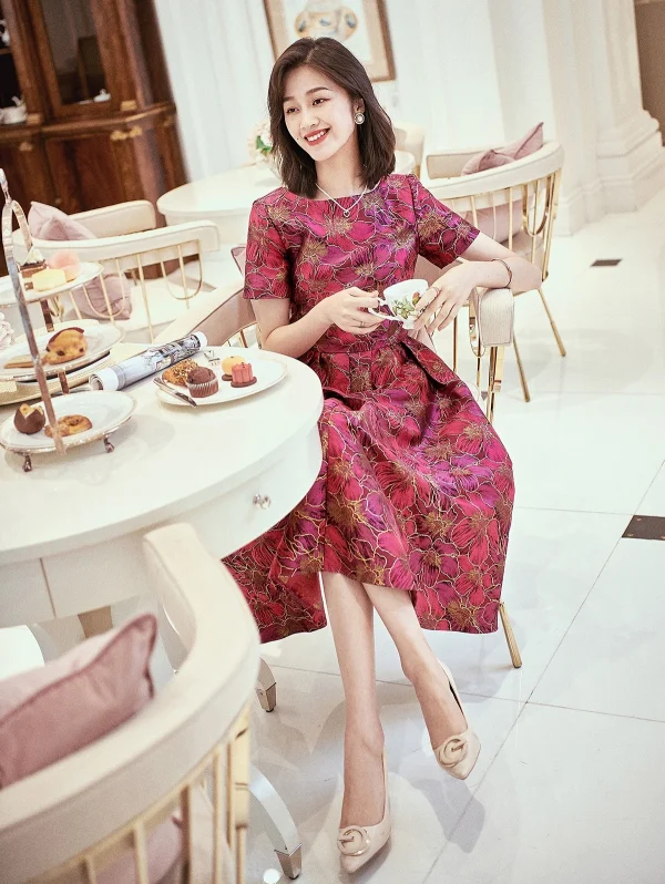 Abito jacquard autunno estate Abito da sera di Capodanno Abito a metà polpaccio stile Inghilterra Abito da festa per donna Abito da ballo HT1137 4