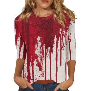 Halloween Elements T-shirt stampata da donna Moda Casual Girocollo Manica a 3/4 Sfumato rosso Tie-Dye Allentato Party Gathering Top 1