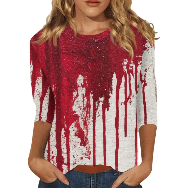 Halloween Elements T-shirt stampata da donna Moda Casual Girocollo Manica a 3/4 Sfumato rosso Tie-Dye Allentato Party Gathering Top 1