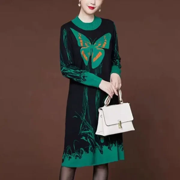 Eleganti abiti lavorati a maglia stampati a farfalla autunno inverno Casual impiombati abbigliamento donna a-line vita mezzo collo alto abito Midi 3