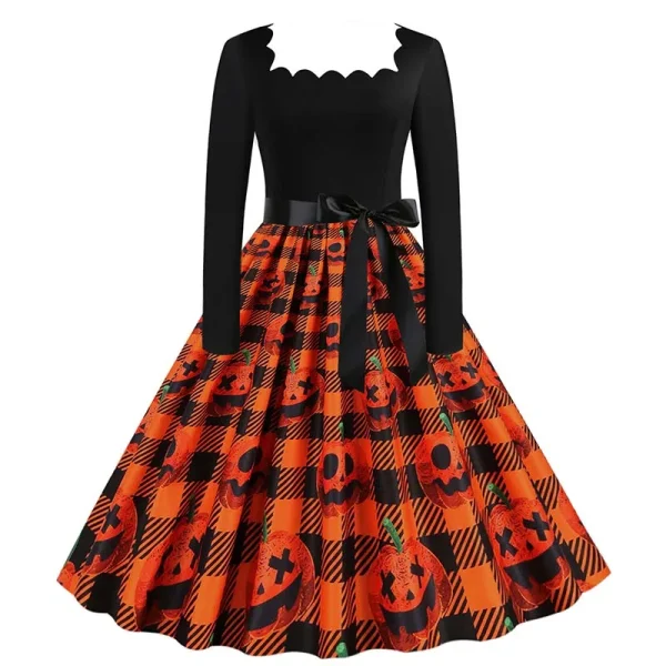 Abito di Halloween per donna colletto quadrato manica lunga stampa vintage festa da sera elegante autunno inverno vestito estivo midi 2