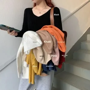 Autunno Nuovo Strato Base in Maglia Top da Donna Dimagrante Tinta Unita con Scollo a V Maglione a Maniche Lunghe Modellante Liscio Slim Fit Abbigliamento Casual 1