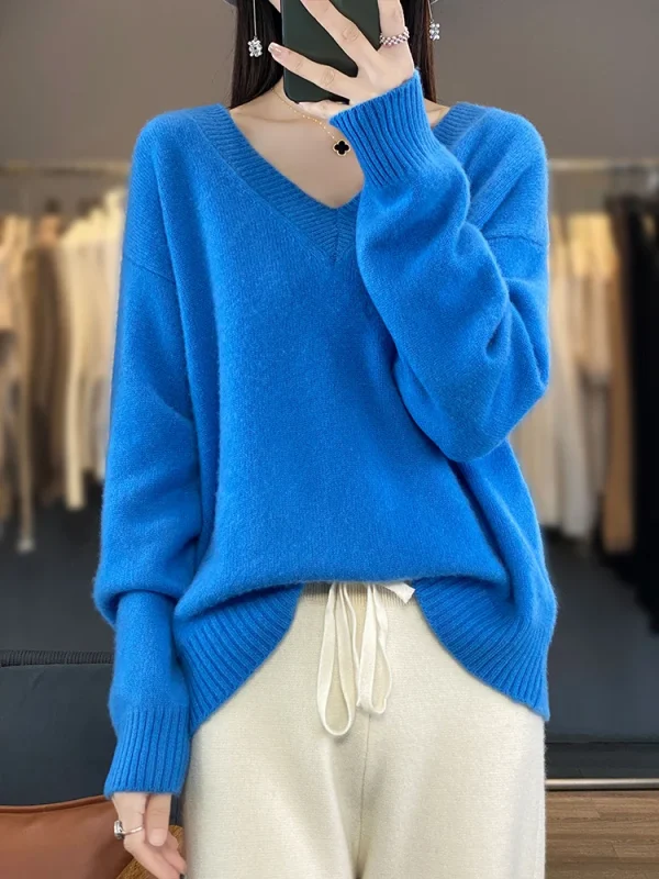 Nuove donne maglione pullover casual con scollo a V primavera autunno inverno 100% lana merino solido morbido cashmere maglieria moda coreana top 2