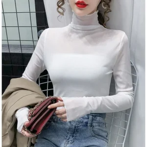 Magliette da donna Maglia 2025 Dolcevita Vestiti Slim Tees Pianura Top femminili Sexy Alta all'ingrosso Vecchie magliette Lusso di alta qualità O 1