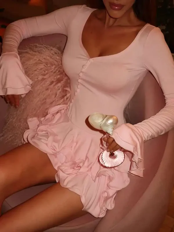 Blifanbo Manica svasata Volant Sexy scollo a V Mini abito da donna Abito irregolare monopetto a vita alta Slim A-line Club Dress 2