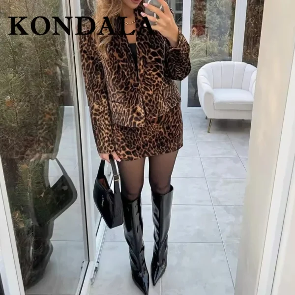 KONDALA Leopardo 2025 Autunno Stampa Animale Vintage Donna Abiti di Velluto Giacca Monopetto + Mini Gonna Tubino Moda Abiti Sexy 2