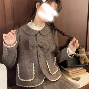Blazer di lana vintage di lusso con papillon e gonna snellente a vita alta per l'autunno/inverno, abbigliamento da donna da ufficio femminile alla moda 1