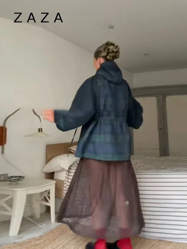 Giacca da donna allentata con griglia vintage Cappotto con colletto allentato oversize con cappuccio a maniche lunghe Capispalla con lacci 2025 New Lady Streetwears 6