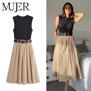 MUJER 2025 Abiti da donna Cintura a pieghe Abito longuette Donna Abito estivo senza maniche Donna Abiti da festa lavorati a maglia per le donne Vestito estivo 1