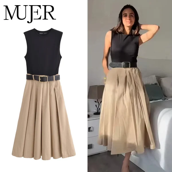 MUJER 2025 Abiti da donna Cintura a pieghe Abito longuette Donna Abito estivo senza maniche Donna Abiti da festa lavorati a maglia per le donne Vestito estivo 1