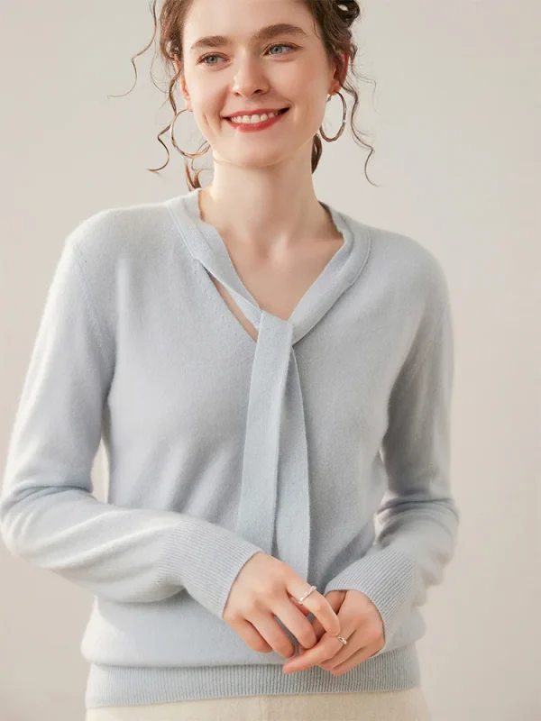 Maglione da donna elegante 100% maglione di cashmere pullover vestiti sciarpa colletto nastro stile dolce maglia autunno inverno top a maniche lunghe 2
