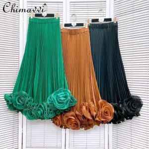Eleganza francese Temperamento Elastico a vita alta A-line Gonna a pieghe fiore 3D Moda Versatile Gonne lunghe Donna Primavera 2025 1
