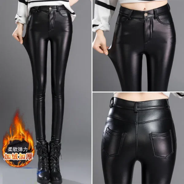 Pantaloni skinny in pelle elasticizzata per donna Pantaloni casual in velluto invernale in pile Leggings a matita femminili caldi e spessi Vita alta autunnale 6