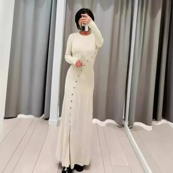 Abito da donna di media lunghezza lavorato a maglia sottile con fibbia diagonale in metallo a maniche lunghe in 2 colori 4
