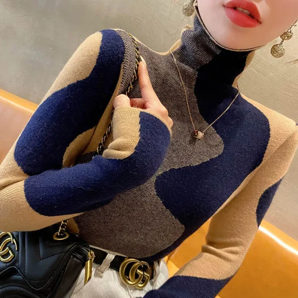 Abbigliamento donna Maglioni dolcevita slim moda vintage Autunno Inverno Elegante pullover in maglia patchwork chic Top da donna da ufficio 2