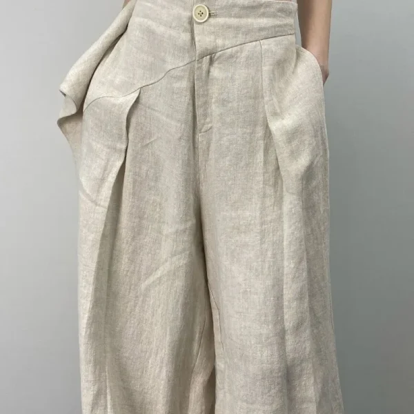 Pantaloni a gamba larga pieghettati casual da donna alla moda chic Texture in lino Pantaloni larghi a vita alta tutti abbinati Mujer Pantalones 6