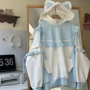 Cappotto di peluche giapponese Y2k con volant impiombato Orecchie di gatto Giacca con cappuccio Kawaii Ragazza Secchio Decor Felpa Harajuku Capispalla donna carina 1