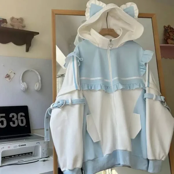Cappotto di peluche giapponese Y2k con volant impiombato Orecchie di gatto Giacca con cappuccio Kawaii Ragazza Secchio Decor Felpa Harajuku Capispalla donna carina 1
