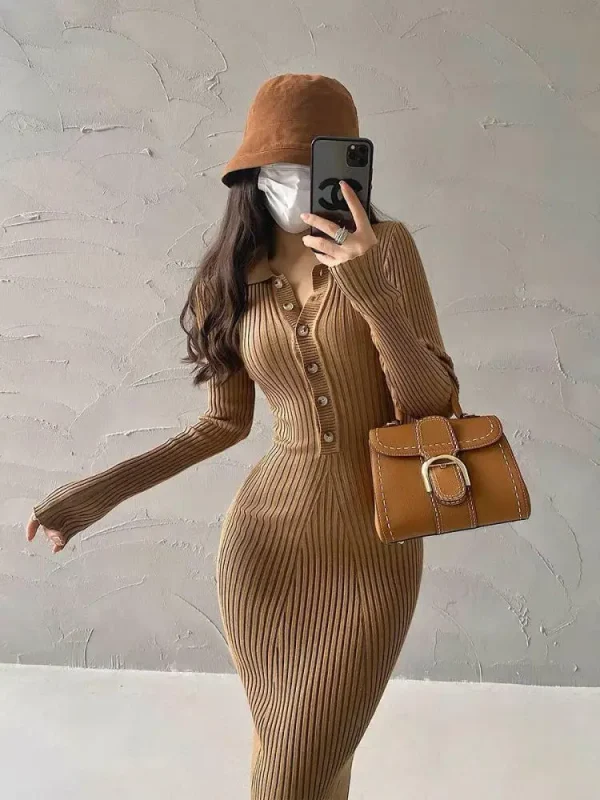 Eleganti abiti da festa per le donne 2023 abito autunno inverno elastico a maniche lunghe Slim Vintage Basic Knit Dress Y2k 2
