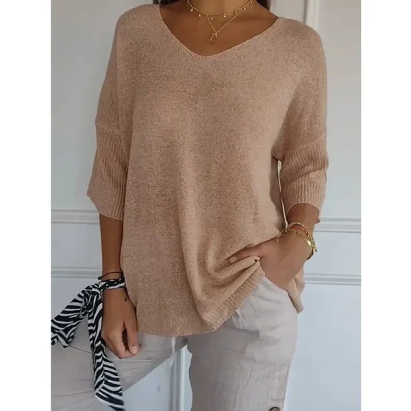 Women's Knitted Base Layer Top Casual Sweater V-Neck Slimming Seven-Half Sleeve Solid Color Top For Summer Thin Section 4