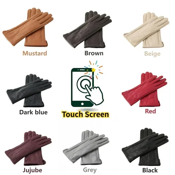 Guanti da donna in pelle di pecora di buona qualità, caldi invernali, più velluto, corti e sottili, touch screen, colore guida, guanti in pelle da donna 6