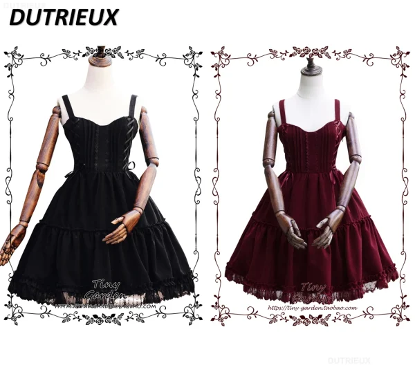 Abito con bretelle in pizzo con fiocco per ragazze dolci autunno e inverno bordeaux JSK Abiti eleganti con canotta dimagrante a vita alta stile Lolita 3