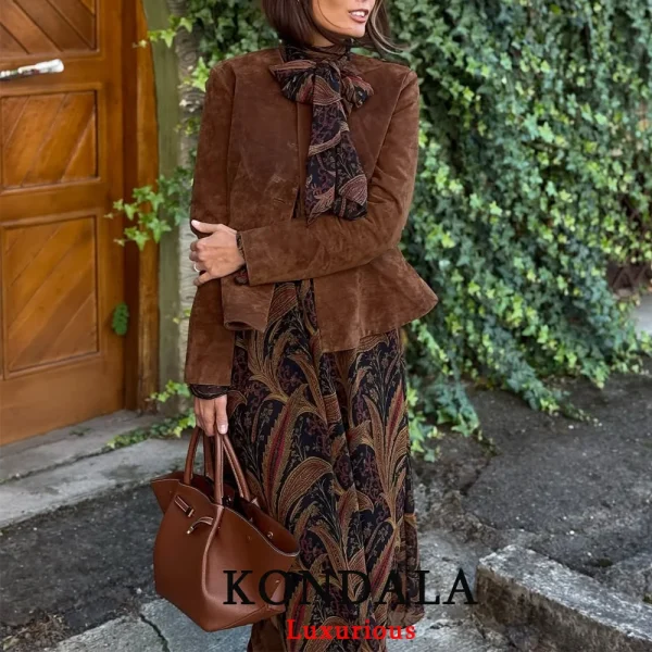 KONDALA Streetwear Pelle scamosciata Donna Giacche O Collo Bottoni Manica lunga Giacche corte Moda 2025 Autunno Inverno Capispalla casual 2