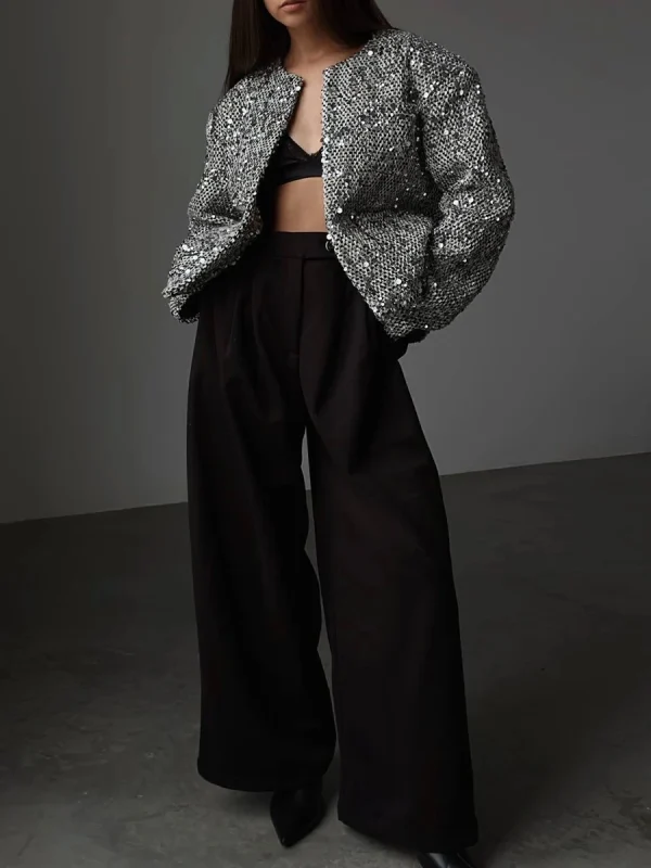 Cappotto d'argento Chic moda donna Casual caldo Chic elegante cappotti femminili autunno giacca di paillettes allentata abbigliamento donna 5