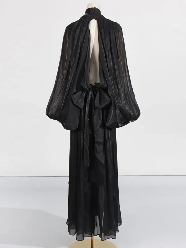 VGH Minimalista Pieghe Impiombate Maxi Abiti per Le Donne Sciarpa Colletto Manica Lanterna Vita Allentata Temperamento Casual Vestito Femminile Nuovo 5