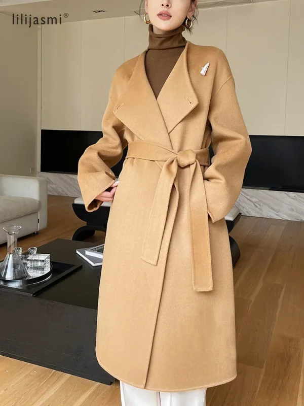 Cappotto di lana con colletto doppio scopo Bottone in corno Cappotto di lana 100% da donna Doppi strati Autunno Inverno Giacca lunga Trench spesso # 23 3